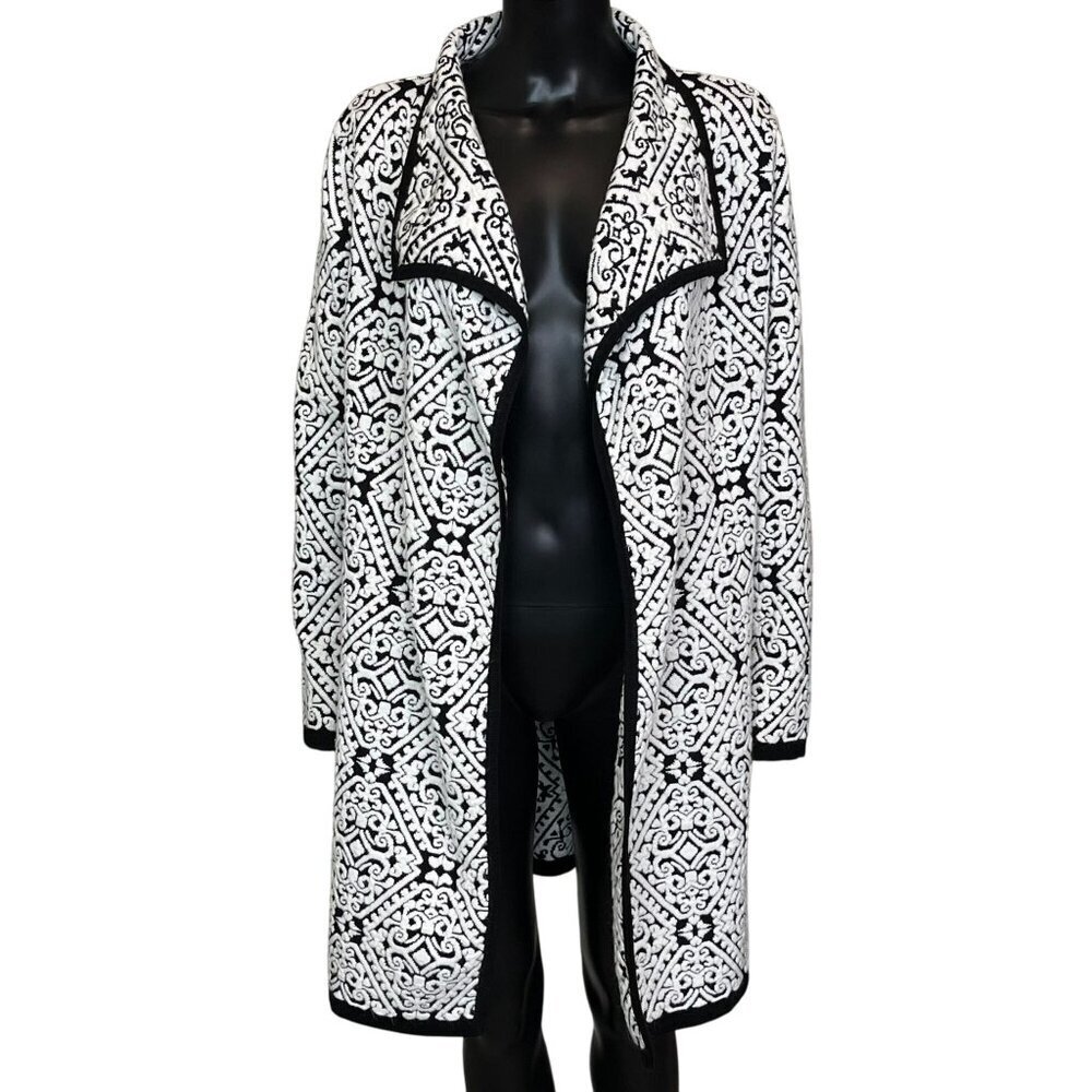 Icelandic Design Black White Jacquard Knit Cardigan Coat Medium Wool Blend - Picture 4 of 10